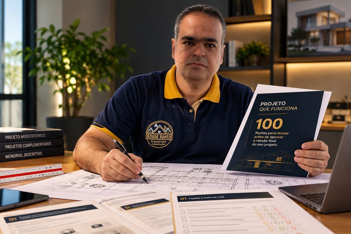 Eng. Renan Sousa revisando um projeto com o material Projeto que Funciona